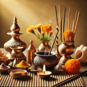 Puja essentials kit including diya, incense sticks, and more