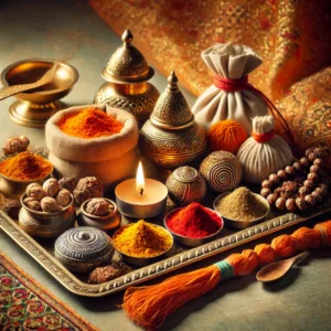 Ritual ingredients including kumkum, ghee, and flowers